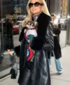 Buy Paris Hilton Black Leather Coat with Fur Trim and Belted Closure Jacket