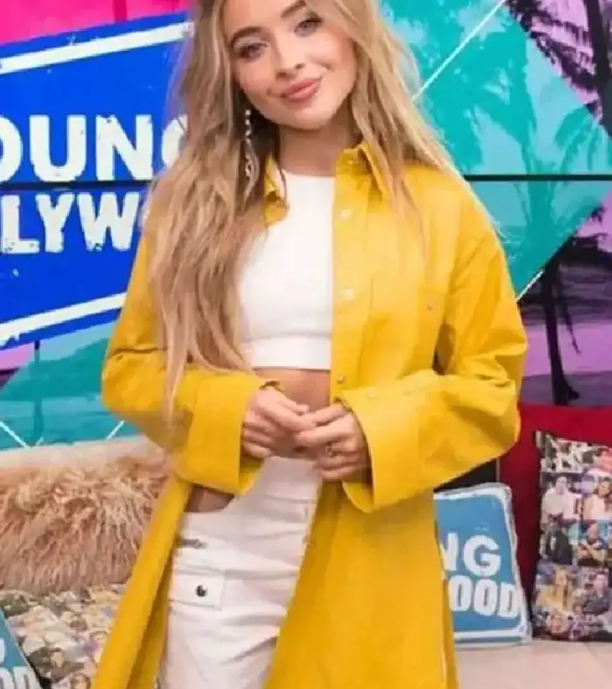 Buy Sabrina Carpenter Tall Girl Premiere Yellow Leather Jacket On Sale