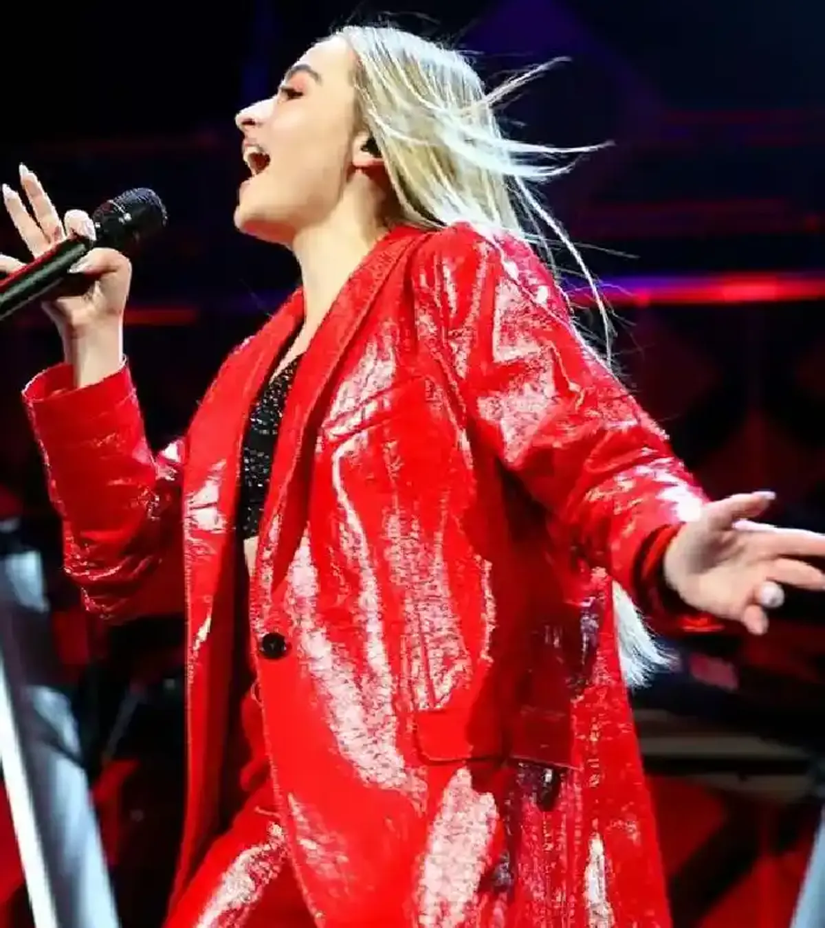 Buy Sabrina Carpenter iHeartRadio Jingle Ball Red Leather Blazer On Sale