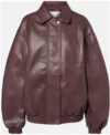 Buy Samara Weaving Miami knit 2026 The Frankie Shop Burgundy Leather Jacket On Sale