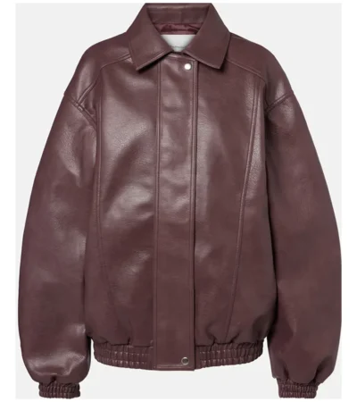 Buy Samara Weaving Miami knit 2026 The Frankie Shop Burgundy Leather Jacket On Sale