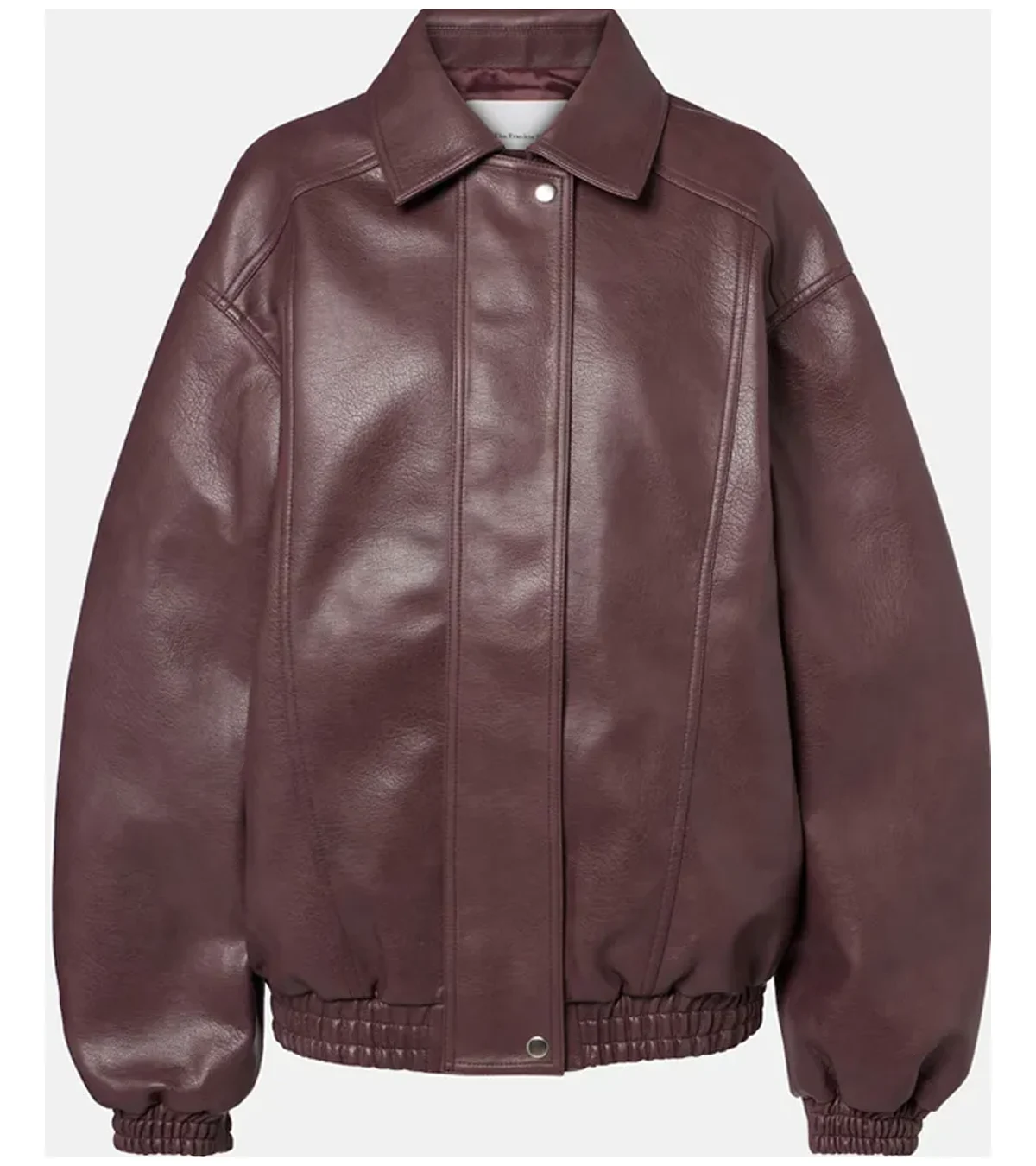Buy Samara Weaving Miami knit 2026 The Frankie Shop Burgundy Leather Jacket On Sale