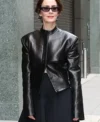 Buy Sarah Paulson New York City 2026 Power Shoulders Black Cropped Leather Jacket On Sale