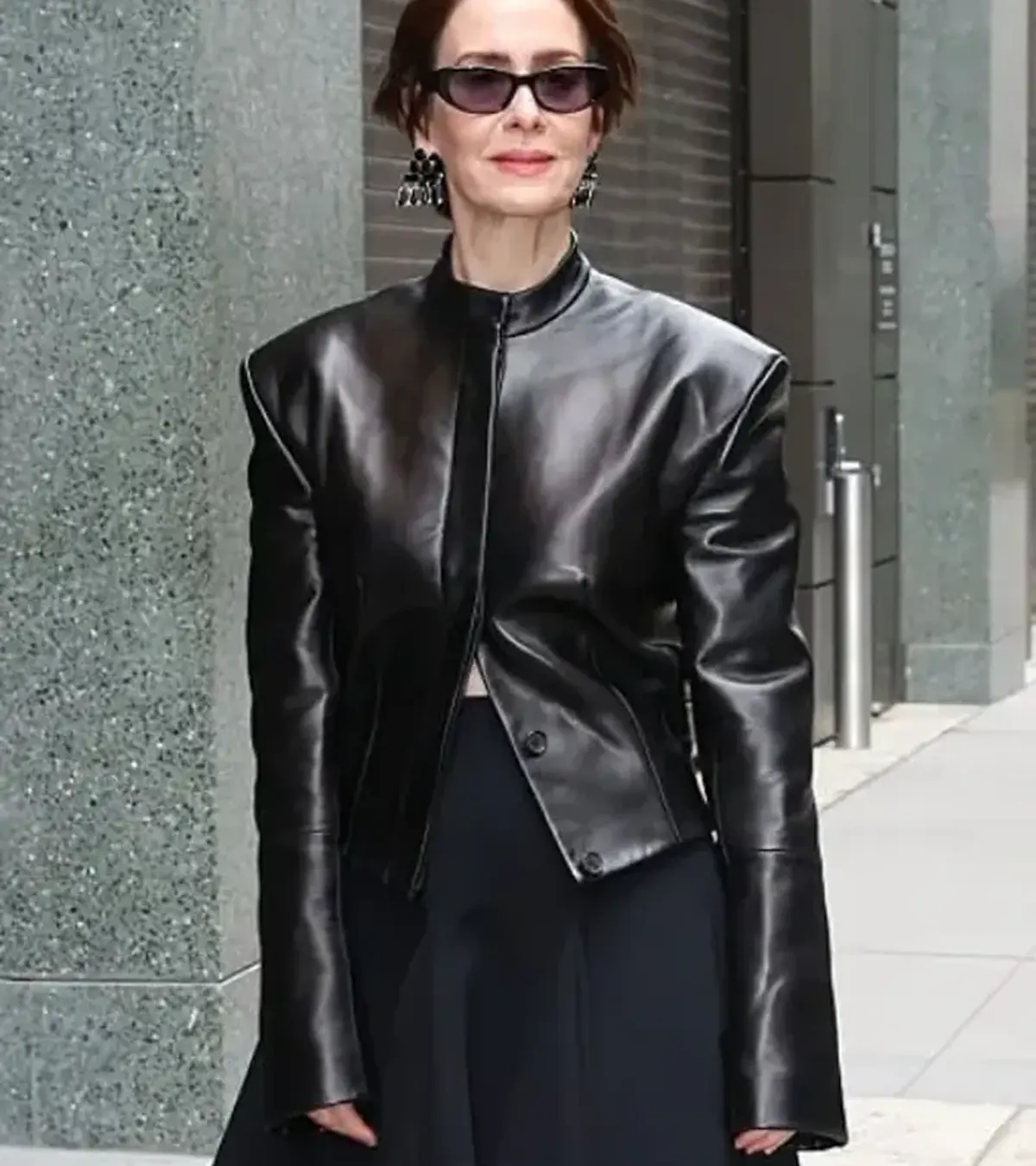 Buy Sarah Paulson New York City 2026 Power Shoulders Black Cropped Leather Jacket On Sale