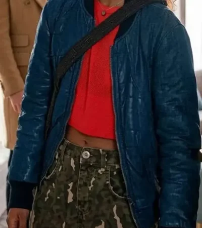 Buy Savannah Steyn TV Series Ride or Die 2026 Queenie Stripe Blue Bomber Leather Jacket On Sale
