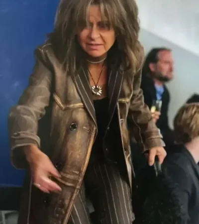 Buy Tracey Ullman TV Series Ted Lasso 2026 Brown Distressed Leather Trench Coat On Sale