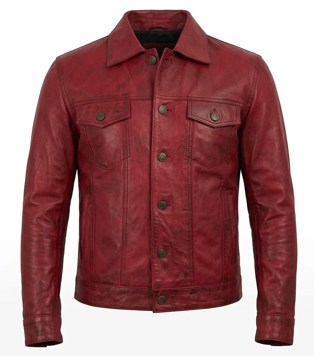 Buy Vexton Red Trucker Style Leather Button Jackets