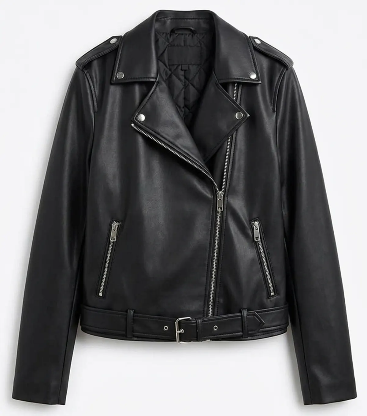 Buy Womens Classic Black Leather Moto Jacket with Lapel Collar
