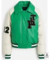 Buy Womens Varsity Bomber Leather Jacket In Green & White Sleeves
