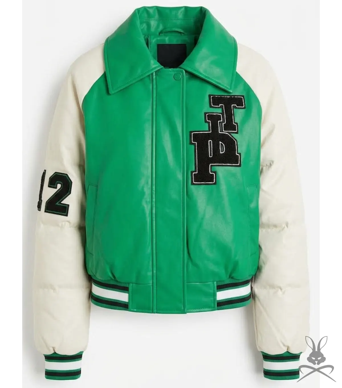 Buy Womens Varsity Bomber Leather Jacket In Green & White Sleeves