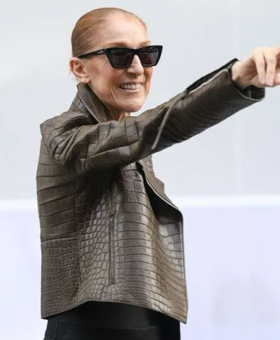 Celine Dion Street Style Paris 2026 Crocodile Textured Brown Leather Jacket Right