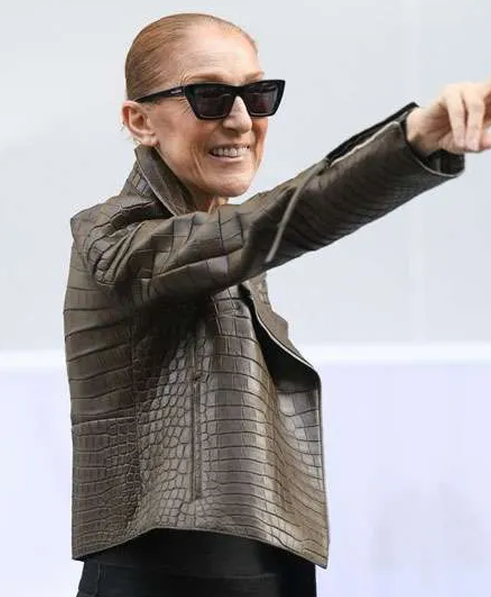 Celine Dion Street Style Paris 2026 Crocodile Textured Brown Leather Jacket Right