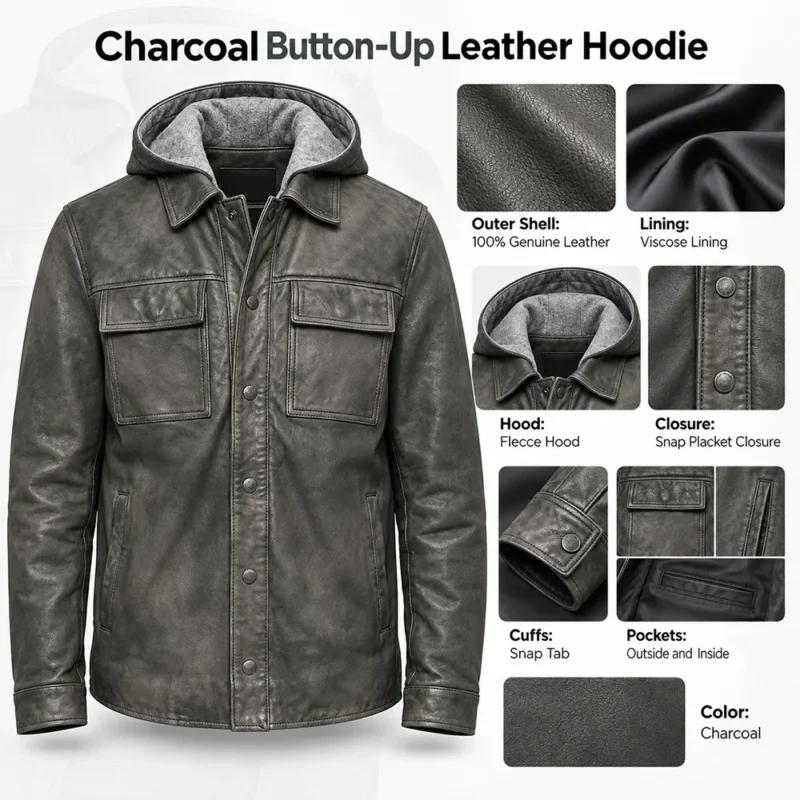 Charcoal Button-Up Leather Hoodie info graph