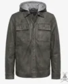 Charcoal Button-Up Leather Hoodie