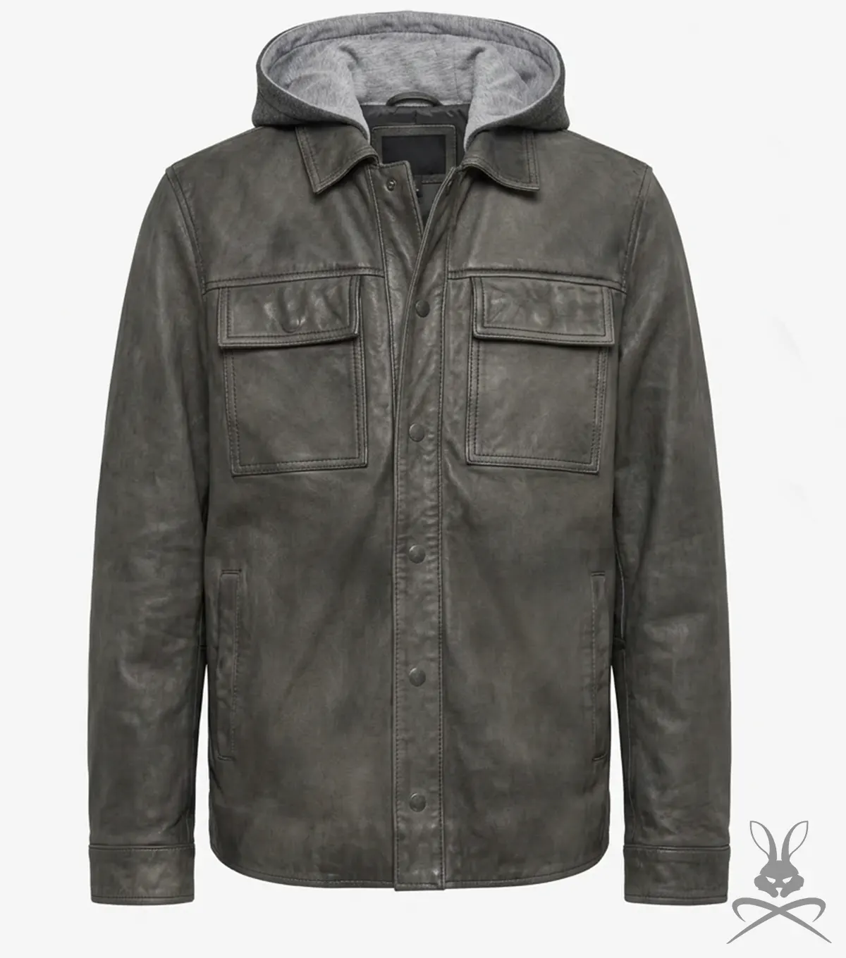 Charcoal Button-Up Leather Hoodie