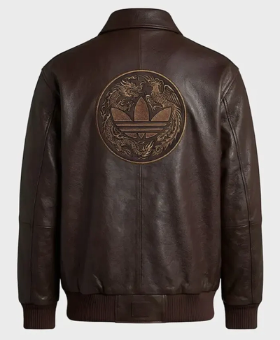 Chinese New Year Dragon and Phoenix Embossed Adidas Brown Leather Bomber Jacket Back