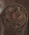 Chinese New Year Dragon and Phoenix Embossed Adidas Brown Leather Bomber Jacket Logo Closeup