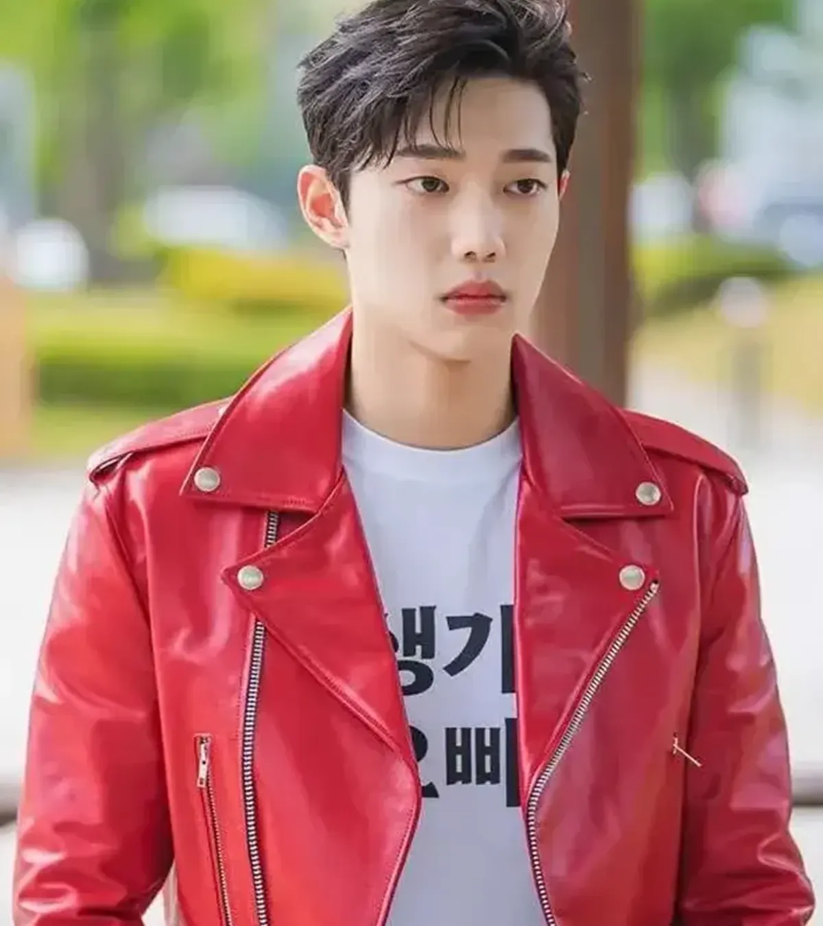 Cho Jun-young Spirit Fingers Red Leather Jacket