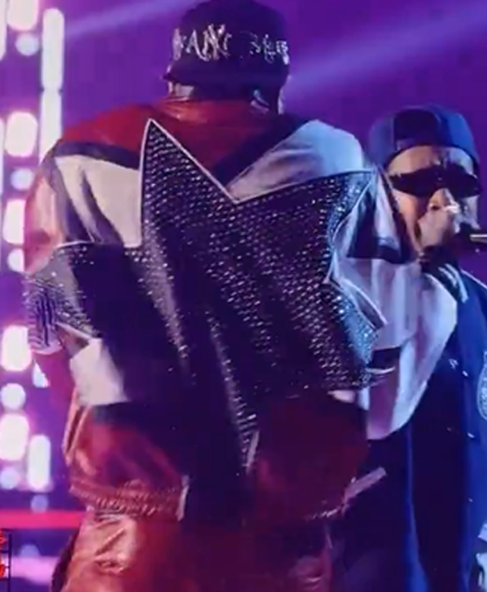 Chris Brown The R&B Las Vegas Tour 2026 Red Leather Jacket with Studded Star Back Closeup
