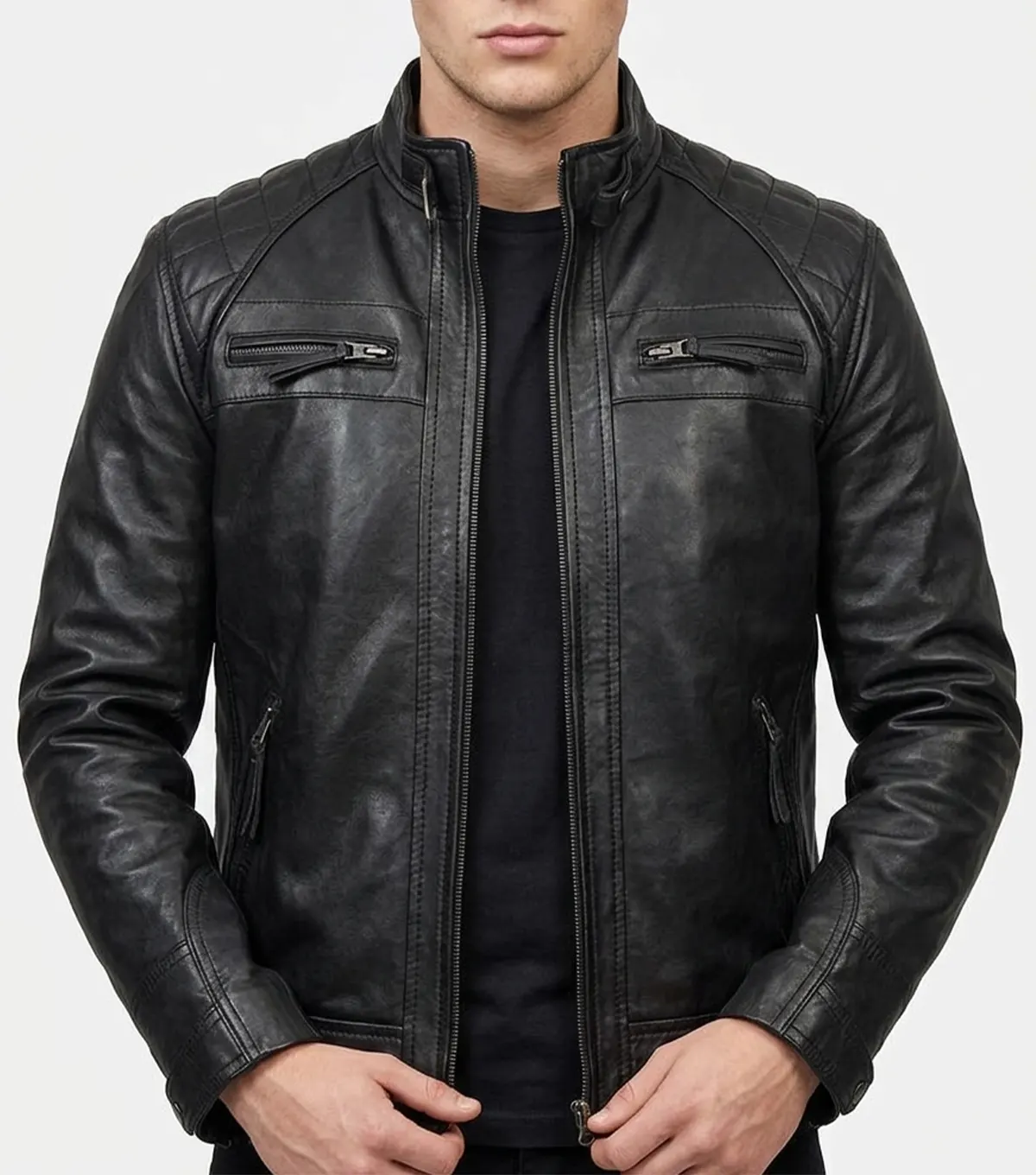 Classic Black Quilted Leather Jacket for Mens