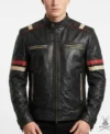Classic Racer Black Leather Jacket with Red Stripes