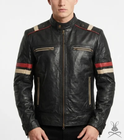 Classic Racer Black Leather Jacket with Red Stripes