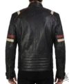 Classic Racer Black Leather Jacket with Red Stripes back