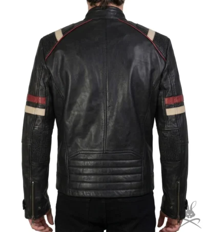 Classic Racer Black Leather Jacket with Red Stripes back