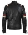 Classic Racer Black Leather Jacket with Red Stripes back view