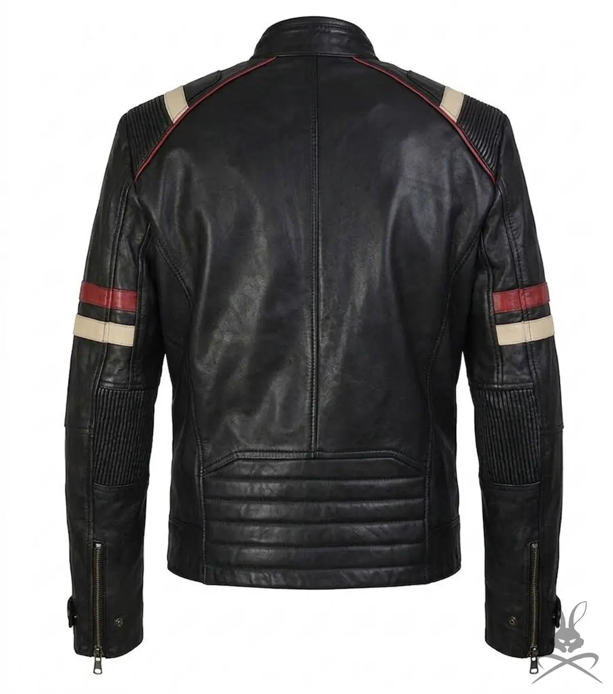Classic Racer Black Leather Jacket with Red Stripes back view