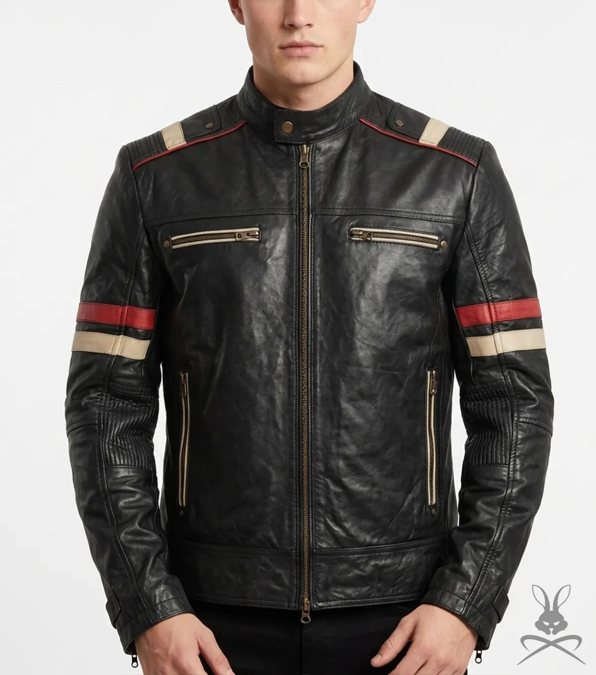 Classic Racer Black Leather Jacket with Red Stripes