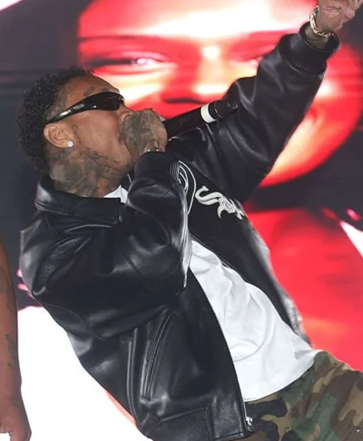 Coachella 2026 American Singer Tyga Black Leather Bomber Jacket Left
