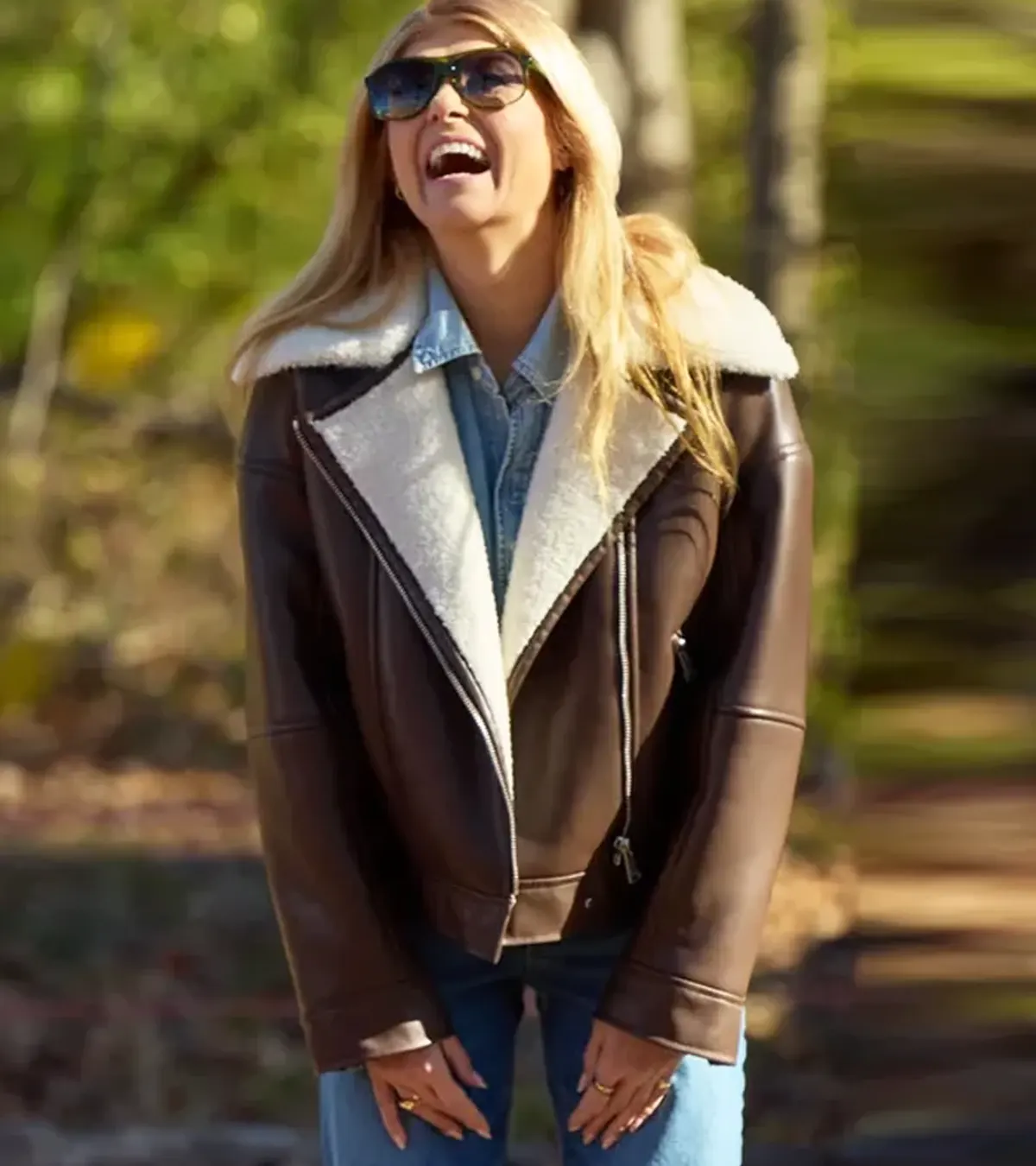 Connie Britton TV-Series The Motherhood 2025 Brown Shearling Leather Jacket