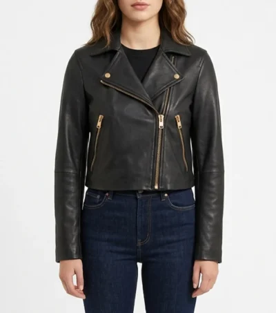 Crop Leather Jacket Women Black with Gold Zip