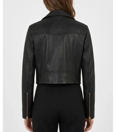 Crop Leather Jacket Women Black with Gold Zip back