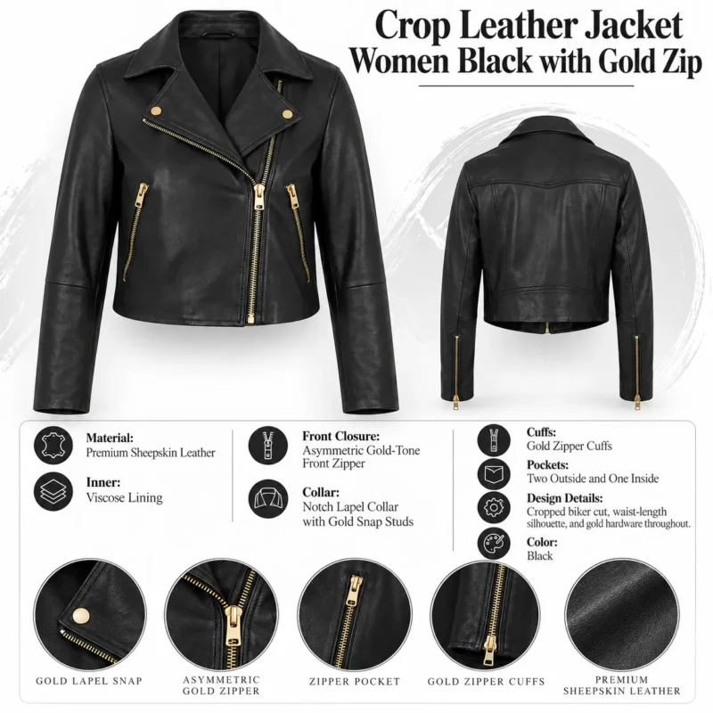 Crop Leather Jacket Women Black with Gold Zip info graph