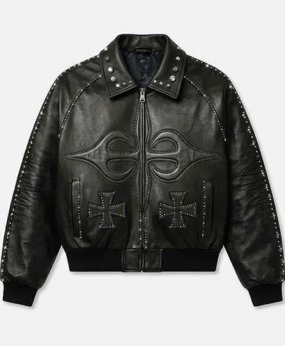 Cross Motif Black Leather Jacket