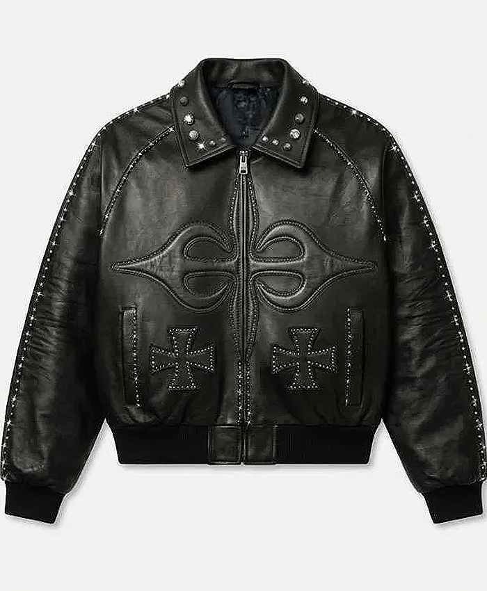 Cross Motif Black Leather Jacket
