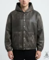 Distressed Genuine Leather Hoodie in Black