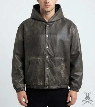 Distressed Genuine Leather Hoodie in Black