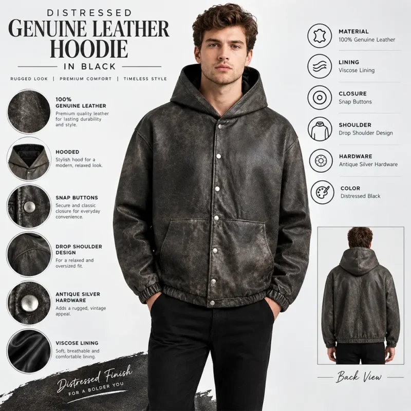 Distressed Genuine Leather Hoodie in Black info graph