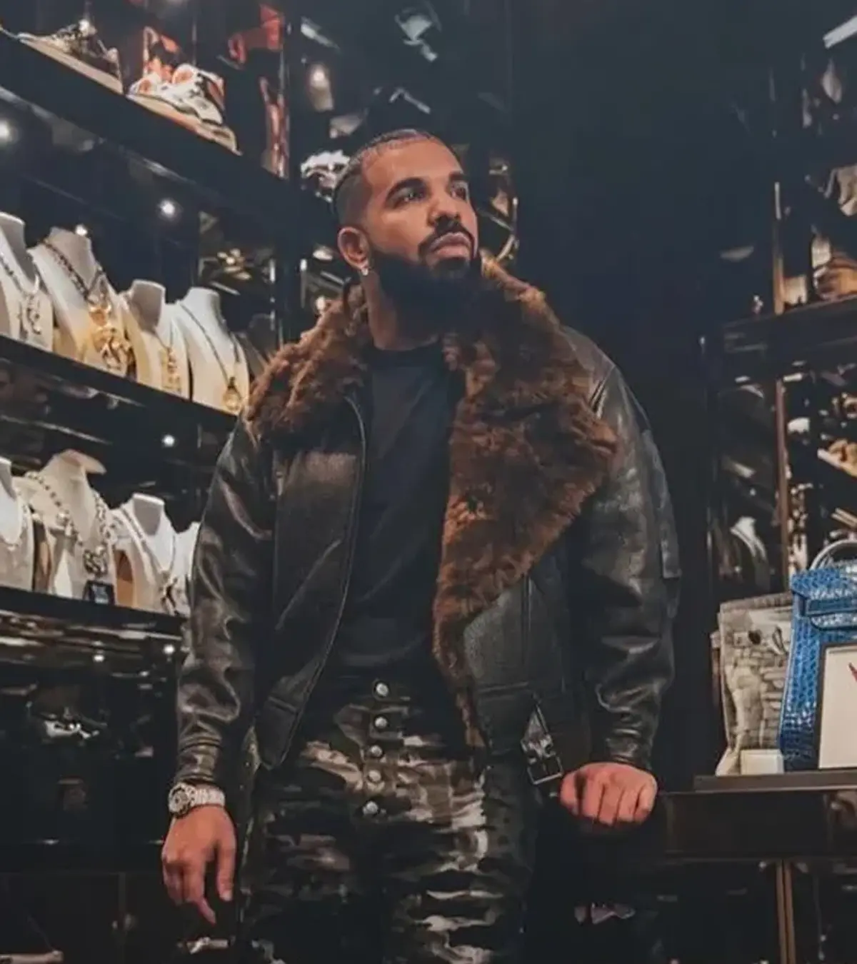 Drake Show Off Jewelry Room Shearling Leather Jacket