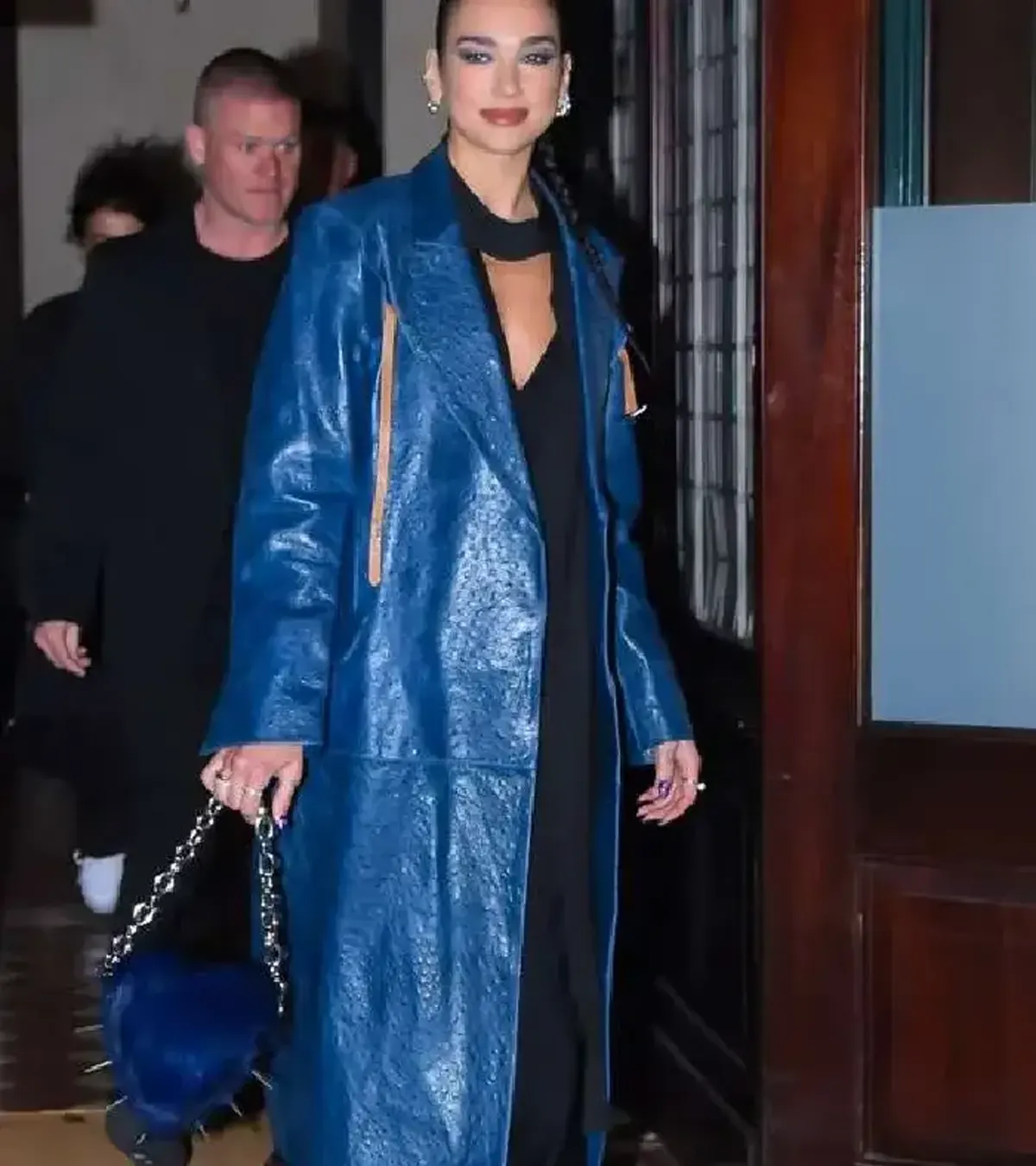Dua Lipa 36th Annual Footwear News Achievement Awards Blue Leather Trench Coat