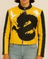 Dua Lipa Buenos Aires Dragon Black and Yellow Leather Jacket For Women
