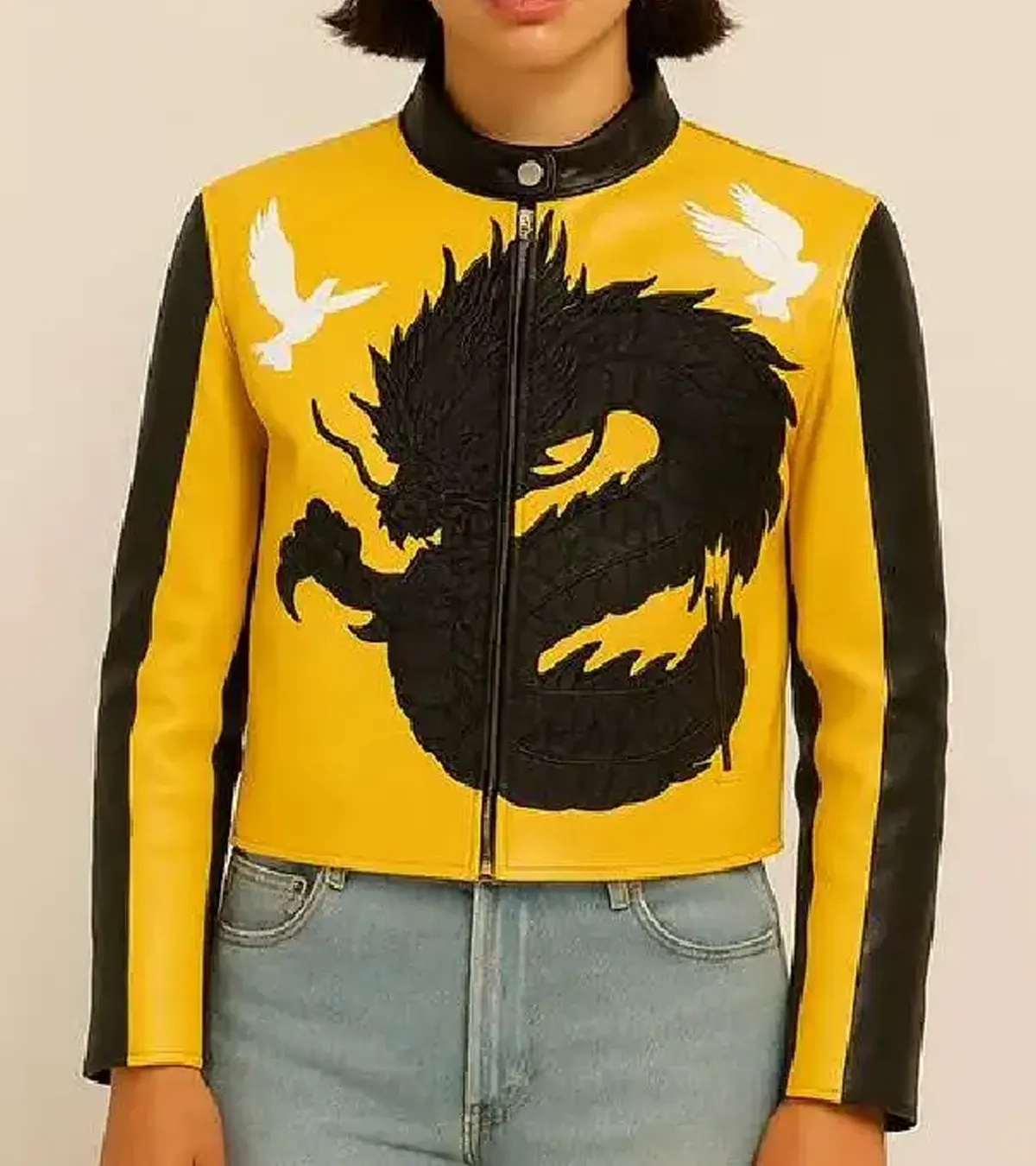 Dua Lipa Buenos Aires Dragon Black and Yellow Leather Jacket For Women
