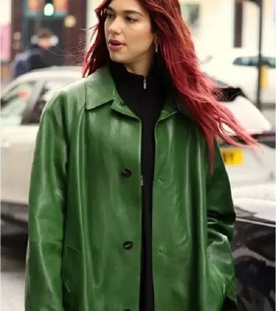 Dua Lipa Green Leather Coat