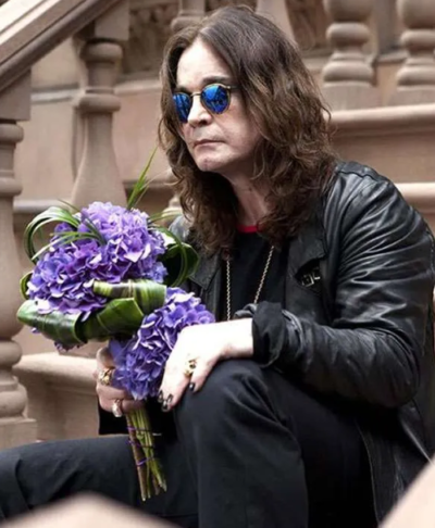 English Singer Ozzy Osbourne Black Leather Long Coat Closeup