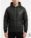 Full Black Leather Hoodie with Ribbed Cuffs