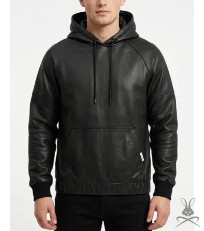 Full Black Leather Hoodie with Ribbed Cuffs