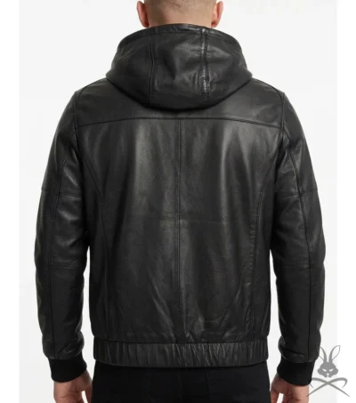 Full Black Leather Hoodie with Ribbed Cuffs back